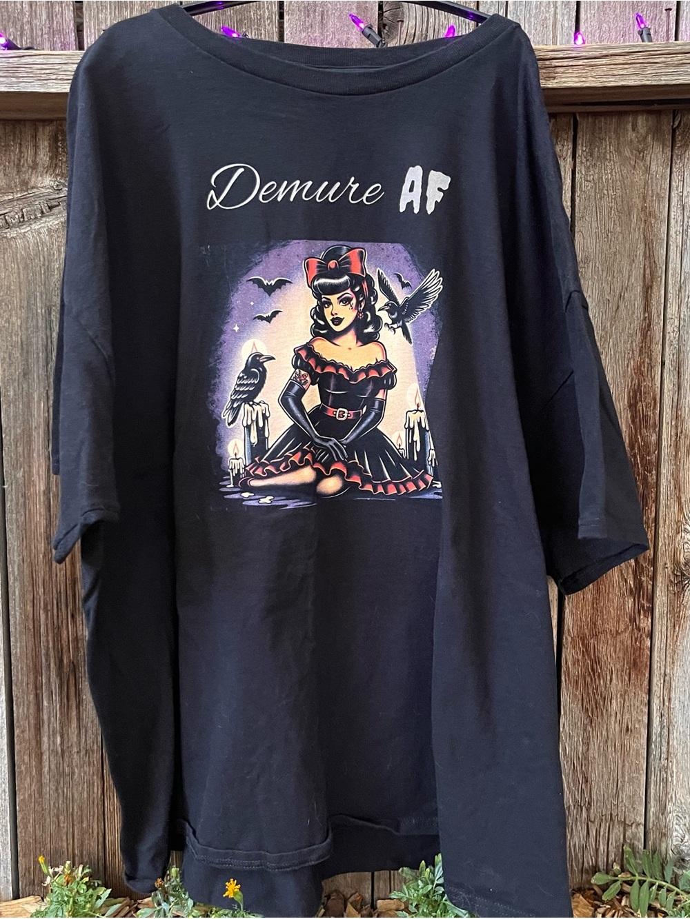 Demure AF Gothic Pin-Up Graphic Tee - Black with Purple & Red Print